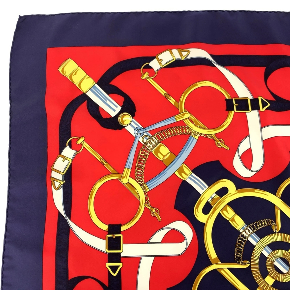 HERMES Hermes Golden Spur Carre 90 Red Navy Silk Scarf Muffler for Women - Picture 5 of 8